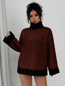 Rafferiza 优雅白色撞色长袖针织毛衣女款秋冬 - 棕色 - 查看 4
