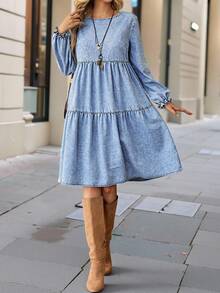 SHEIN LUNE 女款淺藍色牛仔長袖層次蛋糕裙，秋季波希米亞休閒中長洋裝，時尚燈籠袖分層牛仔布洋裝 - 中等水洗藍 - 查看 4