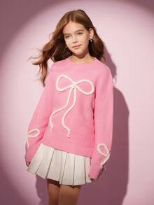 Tween Girl Bow Pattern Drop Shoulder Sweater - Pink - View 5