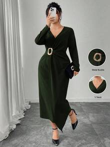 Modelyn 大码女式金属扣褶饰腰部交叉 V 领长袖优雅紧身连衣裙，适合通勤和派对 - 橄欖綠 - 查看 1