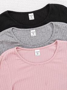 SHEIN 3件套女童纯色圆领长袖针织运动街头上衣 - 彩色 - 查看 5