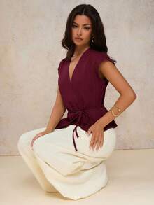 COSMINA Atasan Wanita Elegan Model V-Neck dengan Ikat Pinggang, Musim Semi/Panas, Warna Merah - Burgundy - View 4