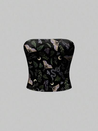 Goth Top sin tirantes sexy con gráficos de polilla, mariposa, murciélago, hoja, sol y luna, estilo gótico y misterioso para mujeres, Halloween