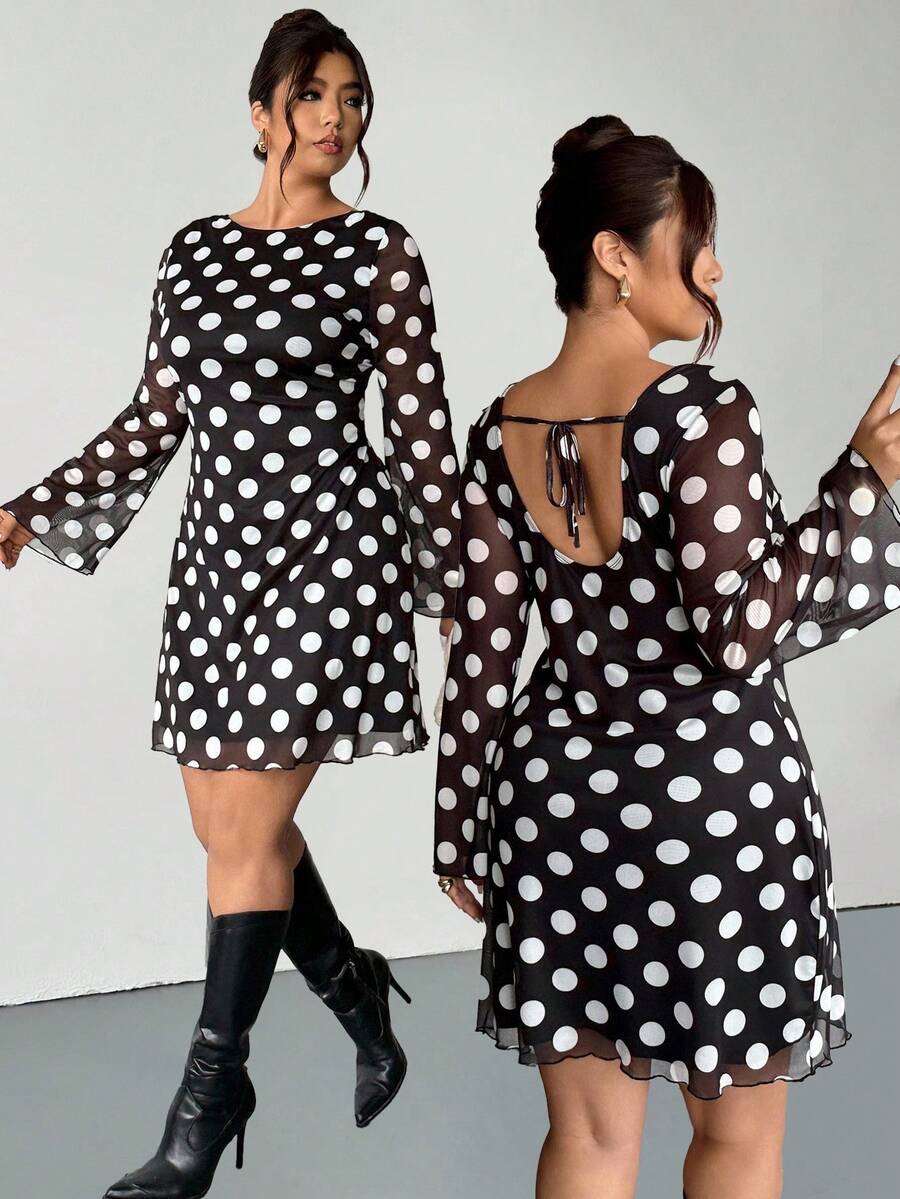 Firerie Váy ngắn chữ A hở lưng họa tiết chấm bi gợi cảm cỡ lớn dành cho nữ, tay loe, phong cách đại học cá tính, thanh lịch, lễ hội âm nhạc đường phố, váy ngắn dáng chữ A hở lưng họa tiết da báo gợi cảm, tay dài hở lưng họa tiết chấm bi đen trắng, hẹn hò lãng mạn - Đen và trắng - Xem 1