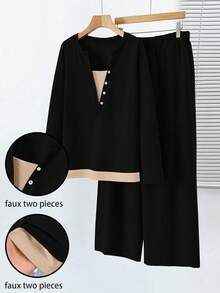 SHEIN LUNE Setelan Kasual Wanita Ukuran Besar Musim Gugur Lengan Panjang Kancing 2 In 1 Atasan dan Celana Panjang Lebar - MultiWarna - View 1