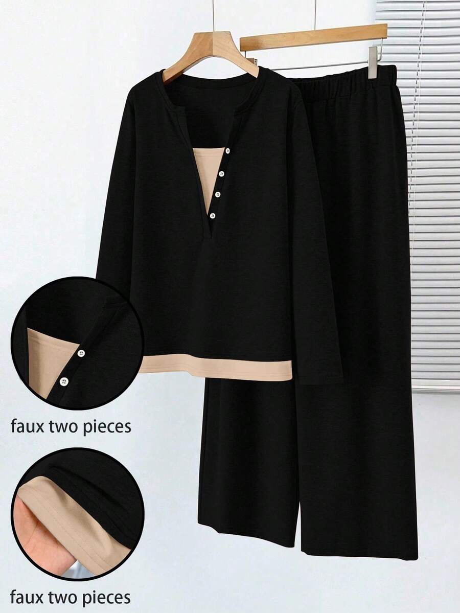 SHEIN LUNE Setelan Kasual Wanita Ukuran Besar Musim Gugur Lengan Panjang Kancing 2 In 1 Atasan dan Celana Panjang Lebar - MultiWarna - View 1