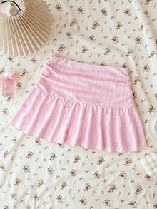 Teen Girls Pink Knit Casual Versatile Hollow Textured Ruched A-Line Mini Skirt, Suitable For Summer Summer Skirt Kid Teen Skirts Set Pink Skirt Set Girls - Pink - View 2