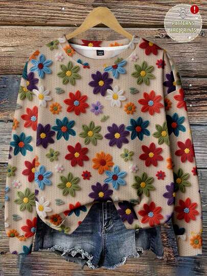 EMERY ROSE Plus Size Women Knitted Vintage Textured Floral Print Sweatshirt In Fall/Winter