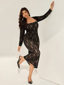 Auralis 大码女士优雅连衣裙、黑色蕾丝连衣裙、连衣裙、优雅女士套装、连衣裙套装、秋季约会连衣裙、派对性感连衣裙套装、露背连衣裙套装、万圣节派对连衣裙 - 黑色 - 查看 1