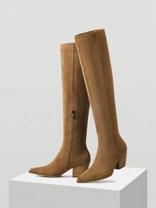 MOTF WOMEN'S NEW CHUNKY HIGH HEEL ROUND TOE OVER-THE-KNEE SLIM BOOTS, WINTER - Brown - View 9