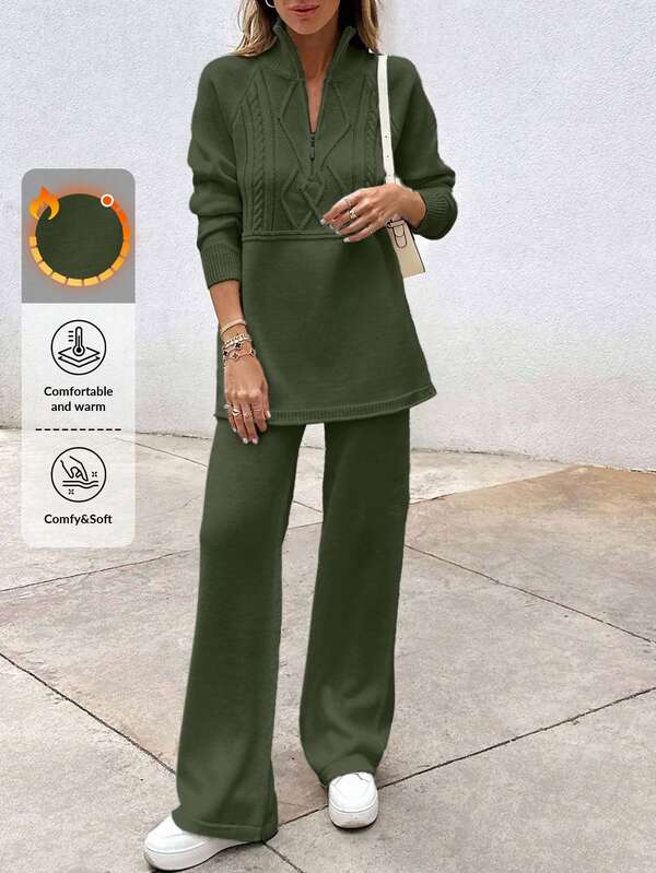 Set coordinato composto da maglione elegante a trecce con chiusura lampo e pantaloni in maglia