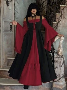 Lyrianda Plus Size Women Off Shoulder Long Sleeve Flare Sleeve Ruffle Elegant Vintage Cute Halloween Party Casual Holiday Colorblock Dress