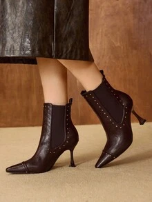 MOTF WOMEN'S FASHION BURGUNDY ELEGANT PERSONALIZED METAL BUCKLE HIGH HEEL BOOTS, POINTED TOE ANKLE BOOTS FOR CHRISTMAS - Brown - View 3