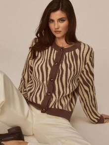 ATUI Studio Women's Knit Sweater, Autumn/Winter New Leopard Print Retro Round Neck Long Sleeve Knitted Top, Fashion, Simple, Versatile, Casual Loose Cardigan Sweater For Women - Brown - View 4