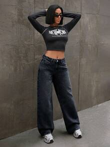 EURMUSE Damen Lässig Alltag Jeans mit tiefer Taille und weitem Bein in Snow Wash - Dunkelgrau - Übersicht 5
