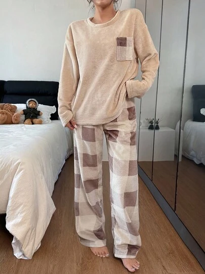 SHEIN Women's Casual Solid Color Patchwork Plaid Print Fleece Long Sleeve Top And Pants Fluffy Pajama Set, Fall Winter Clothes, Cozy Outfit