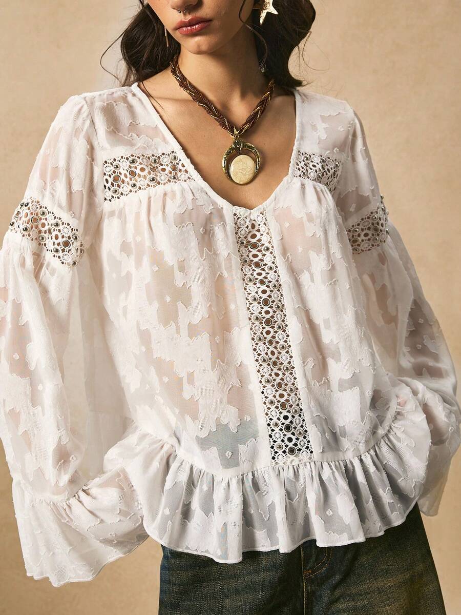 Easelle Vintage Boho Casual Nomadic V-Neck Ruffle Sleeve Loose Eyelet Romantic Baggy Women Blouse Free People - White - View 1