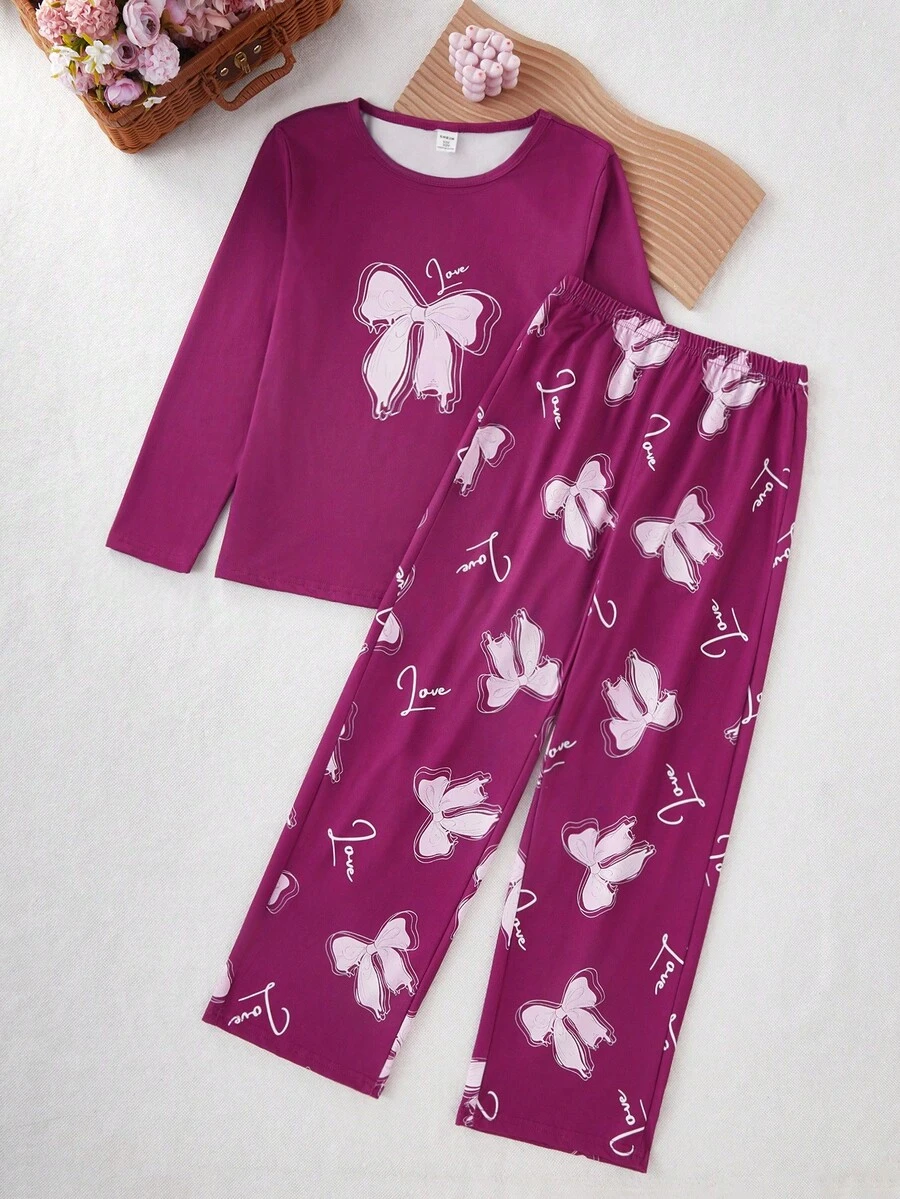 女童休闲宽松蝴蝶印花睡衣套装，优雅可爱，轻盈，秋冬，紫色 - 紫色 - 查看 1