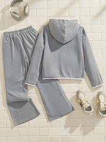 Explorewe 2pcs/Set Girls Casual Hoodie Sweatshirt And Flare Pants Set, Gray Long Sleeve Sweatshirt With Pockets And Flared Trousers For Everyday Wear - Grey - View 2