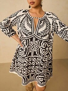 Travachic 大码女式黑米色印花连衣裙，七分袖印花连衣裙，秋季连衣裙，大码束腰上衣，大码度假装，大码波西米亚风连衣裙，刺绣连衣裙，大码舒适秋冬女装，优雅 - 黑色 - 查看 7