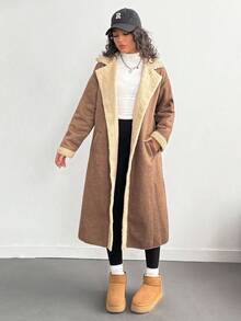 青少年女孩休闲长款米色仿毛领夹克