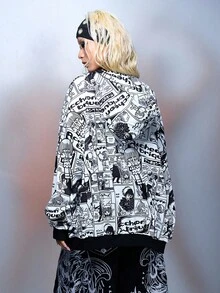 Black Jack X ROMWE Women's Hooded Zip-Up Full Print Long Sleeve Sweatshirt - Black - View 3