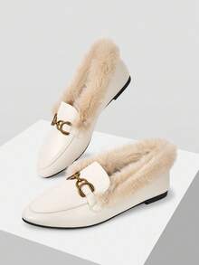 Mnmlis 2025 New Plush Lined Slip-On Loafers With Metal Buckle, Soft Leather Flat Shoes For Women, Autumn/Winter - Chantilly - View 2