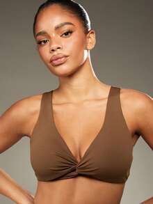 MISSGUIDED MSGD Athletic Performance Twist Front Sports Bra High Impact Workout Running Yoga Top Support Full Coverage Racerback Fitness Exercise Training - Brown - View 6