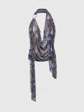 Grunge Punk Top senza schienale con scollo drappeggiato, stampa leopardata e Tintura a nodi blu in stile retrò Y2K per donne