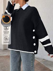 EURMUSE Women Stripe Knit Design Sweater With Button Details - Black - View 1