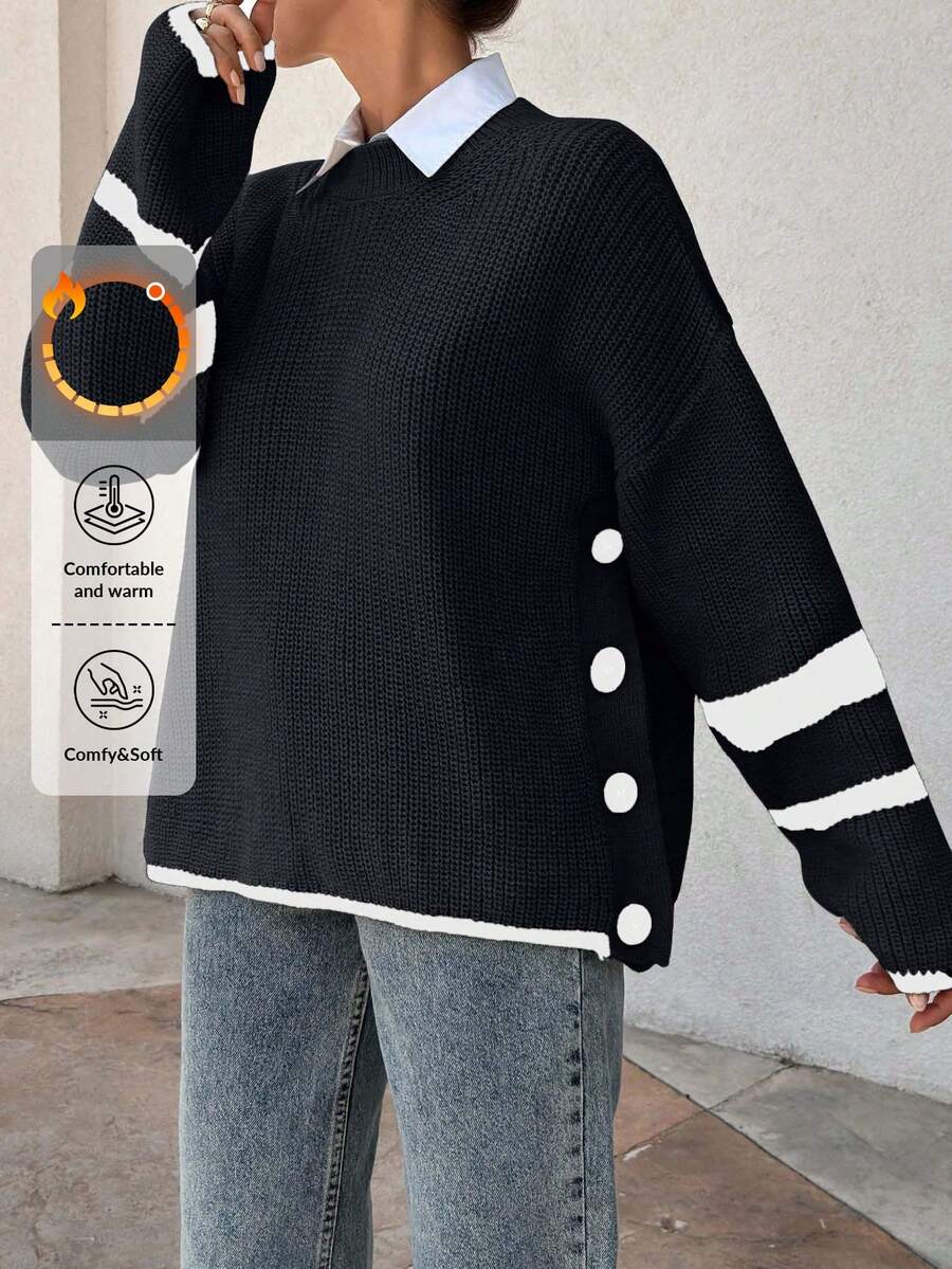 EURMUSE Women Stripe Knit Design Sweater With Button Details - Black - View 1