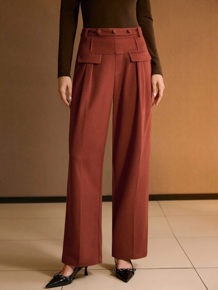 Pantaloni casual a gamba dritta da donna, silhouette snellente, autunno/inverno, colore marrone-rosso