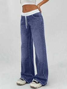 EURMUSE 100% 纯棉女式短裙年轻时尚低腰阔腿宽松牛仔裤