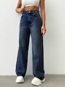 100%Cotton HOGH WAIST STRAIGHT CUT RAW HEM JEAN - Dark Wash - View 3