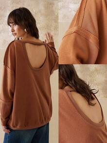 INAWLY Women's Casual Sweatshirt With Backless, Loose Fit And Layered Sleeve Design Fall Sweatshirt - Coffee Brown - View 1