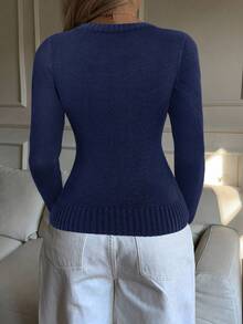 SHEIN EZwear 女式海军蓝V领长袖修身休闲毛衣，秋季 - 藏蓝色 - 查看 2