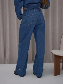 MUSERA Gerade geschnittene Jeans mit Bunddetail, Koordinationsunterteil, elegant, süß, sexy, Streetwear, Herbst, Frühling, Sommer, Abendausgang - Mittele Waschung - Übersicht 4