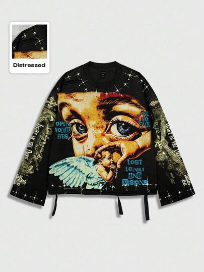 Street Life Camiseta de manga larga con cuello redondo para hombre, con estampado gráfico vintage de Saint en estilo callejero desgastado, para el otoño, estilo de los años 2000