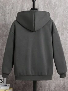 SHEIN 青少年男孩超大号希瑟灰色运动衫夹克，休闲学院风，舒适时尚，百搭实用，面料柔软，适合日常穿着、上学、郊游、户外活动，秋冬季节适用 - 灰色 - 查看 2