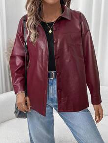 SHEIN LUNE Veste en PU à manches longues, style rock de rue décontracté, grande taille. Veste thermique pour l'automne et l'hiver, idéale pour les vacances - Rouge foncé - Voir 3