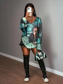 Slaydiva 2025 秋季新款 V 领长袖宽松 H 型上衣，适合生日派对、学校、日常外出、度假、巡航、海滩、日光浴、街头风格、朋克、俱乐部、肖像印花、女士运动衫的休闲装 - 彩色 - 查看 3