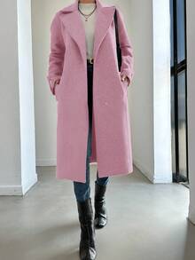 EURMUSE Ladies' Solid Color Woolen Coat With Lapel, Tie Waist Belt - Pink - View 5