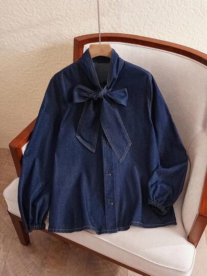 EMERY ROSE 女式蝴蝶结装饰深蓝色牛仔衬衫