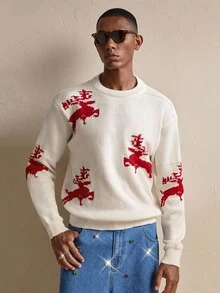 AKNOTIC Maglione casual da uomo a girocollo, maniche lunghe, con motivo a renne, adatto per l'autunno/inverno, Natale