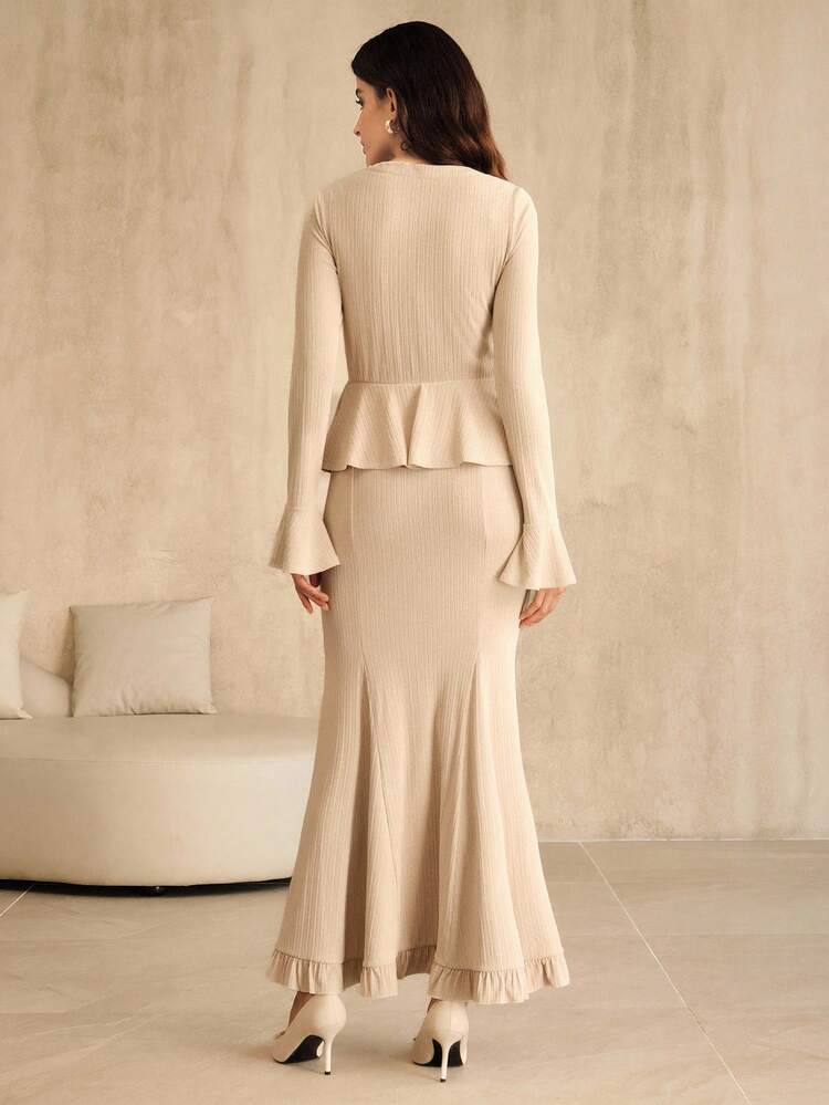Women's Luxury Knitted Unique Design Long Suit, Apricot Color, Suitable For Autumn