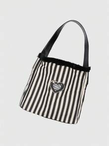 ROMWE 2 Pcs Retro Style Black And White Striped Fur Edge Decoration Women's Shoulder Bag, Large Capacity Flower Printed Mother And Bag, Suitable For Daily Travel In Autumn And Winter, Leopard Print Heart-Shaped Decoration Commuting Bag - Black and White - View 5