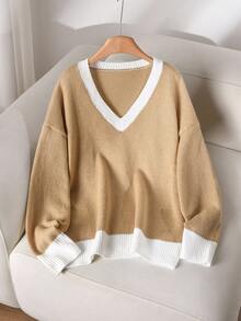 CosyJoli Áo len chui đầu dáng rộng cổ chữ V viền tương phản cỡ lớn dành cho nữ, mặc thường ngày và đi làm, mùa thu/đông - Nhiều màu - Xem 1