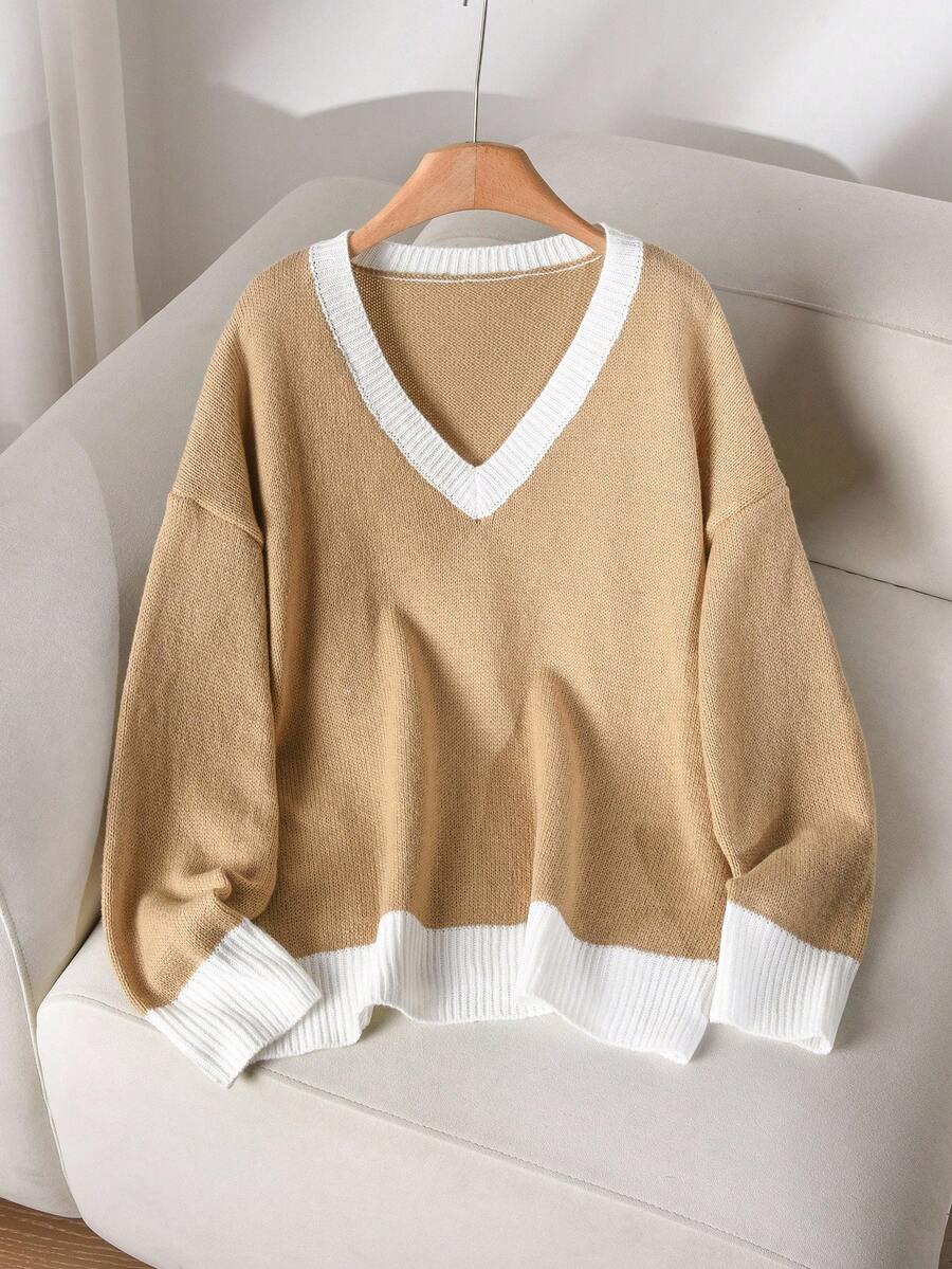 CosyJoli Áo len chui đầu dáng rộng cổ chữ V viền tương phản cỡ lớn dành cho nữ, mặc thường ngày và đi làm, mùa thu/đông - Nhiều màu - Xem 1