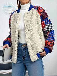 SHEIN Cottnline Patchwork And Faux Fur Detailed Front Snap Buttoned Women's Bomber Jacket With Two Side Pocket - Multicolor - View 3