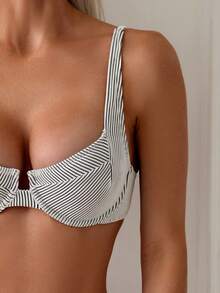 SHEIN Swim Striped Bikini Set With Underwire, Vacation Set, Summer Beach - Black and White - View 4